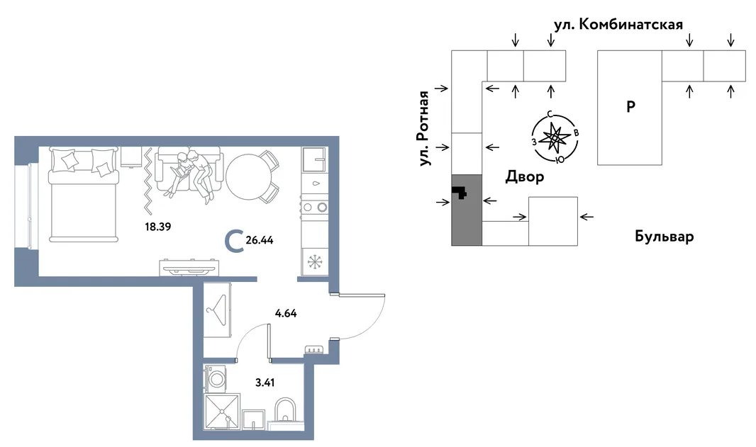 Планировка Студия, 26.34 м² ЖК «Уральский сад»