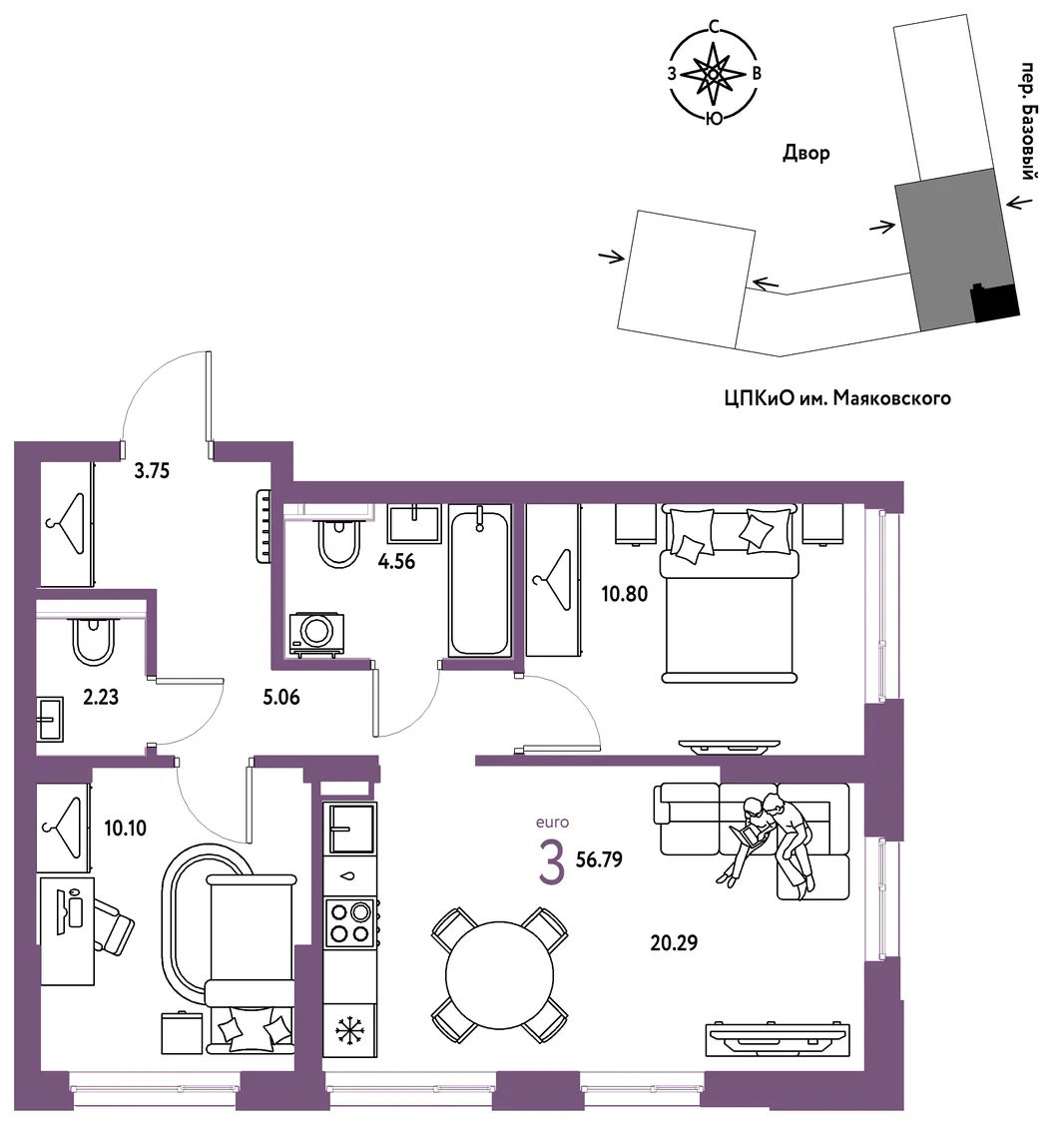 Планировка 3-комн. квартира, 56.79 м² ЖК «Сибирский сад»