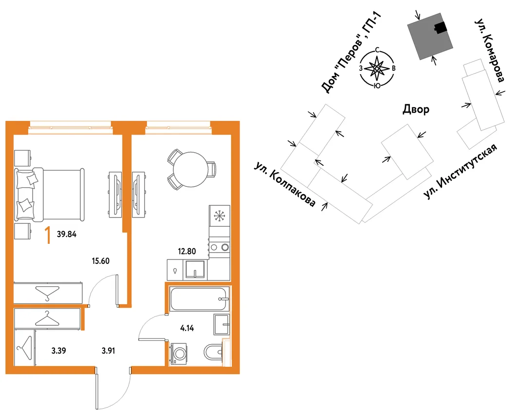 Планировка 1-комн. квартира, 39.84 м² ЖК «Страна.Парковая»