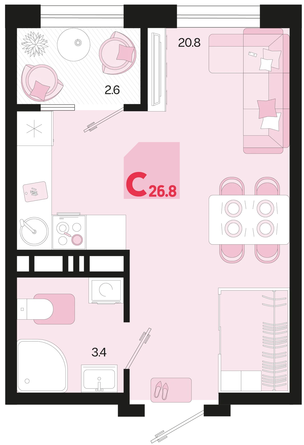 Планировка Студия, 26.8 м² ЖК «Первое место»