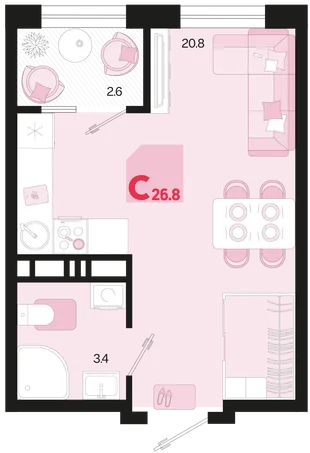 Планировка Студия, 26.8 м² ЖК «Первое место»