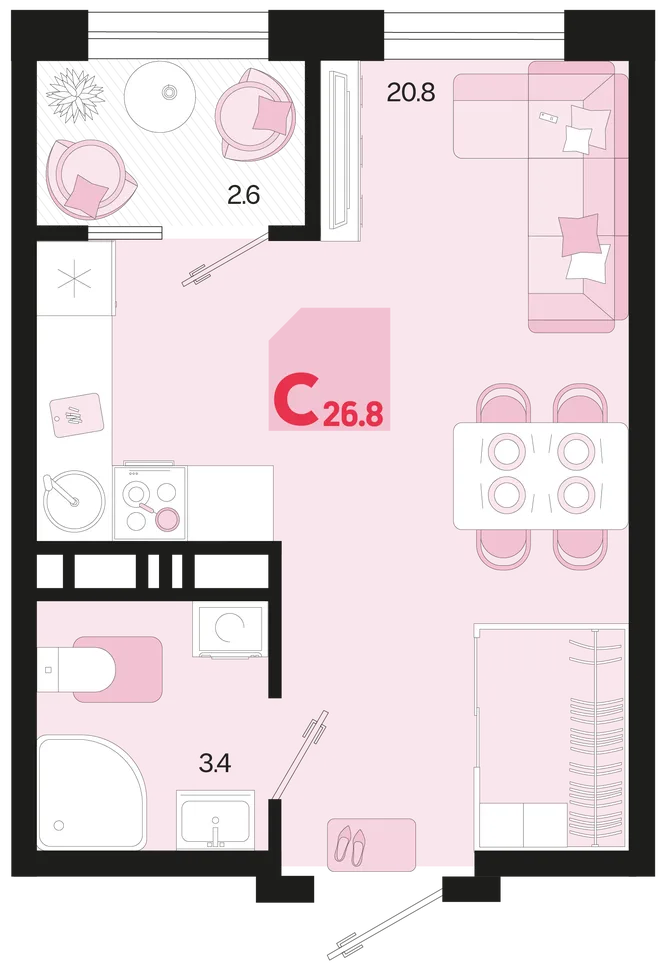 Планировка Студия, 26.8 м² ЖК «Первое место» Планировка Студия, 26.8 м² ЖК «Первое место»