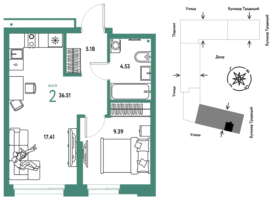 Планировка 2-комн. квартира, 36.51 м² ЖК «Микрорайон Домашний»