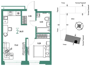 Планировка 2-комн. квартира, 36.51 м² ЖК «Микрорайон Домашний»