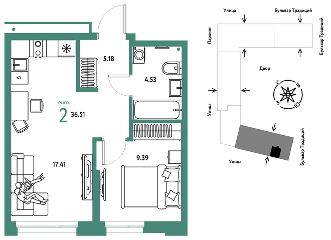 Планировка 2-комн. квартира, 36.51 м² ЖК «Микрорайон Домашний» Планировка 2-комн. квартира, 36.51 м² ЖК «Микрорайон Домашний»