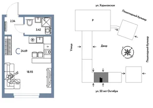 Планировка Студия, 24.69 м² ЖК «Сердце Сибири»