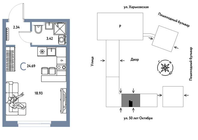 Планировка Студия, 24.69 м² ЖК «Сердце Сибири» Планировка Студия, 24.69 м² ЖК «Сердце Сибири»