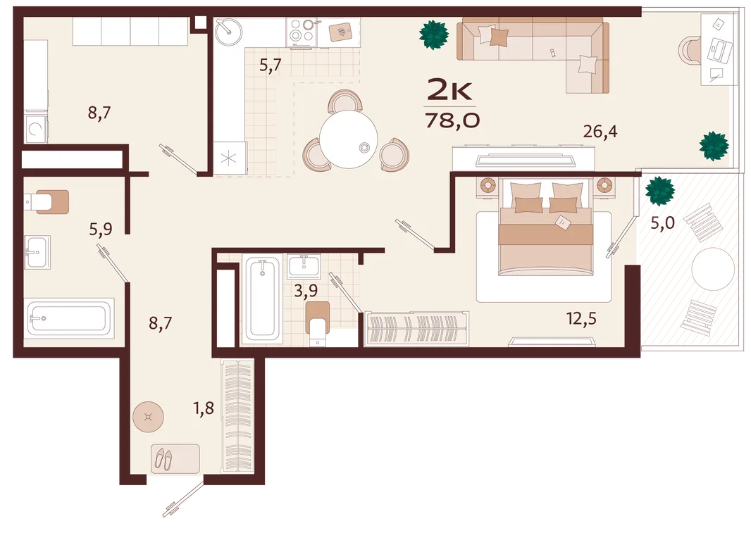 Планировка 2-комн. квартира, 78 м² ЖК «Роялта»