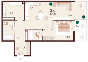 Планировка 2-комн. квартира, 78 м² ЖК «Роялта»