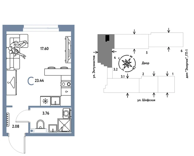 Планировка Студия, 23.44 м² ЖК «Страна.Энтузиастов»