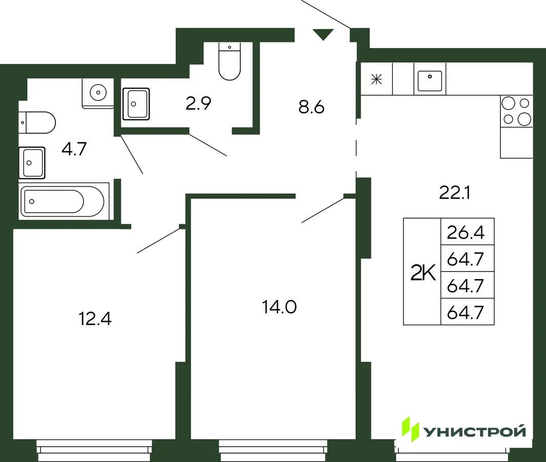 Планировка 2-комн. квартира, 64.7 м² ЖК «Парковый квартал 2.0»