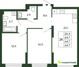 Планировка 2-комн. квартира, 64.7 м² ЖК «Парковый квартал 2.0»
