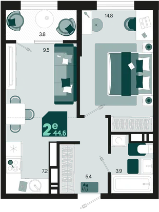 Планировка 2-комн. квартира, 44.6 м² ЖК «Первое место»