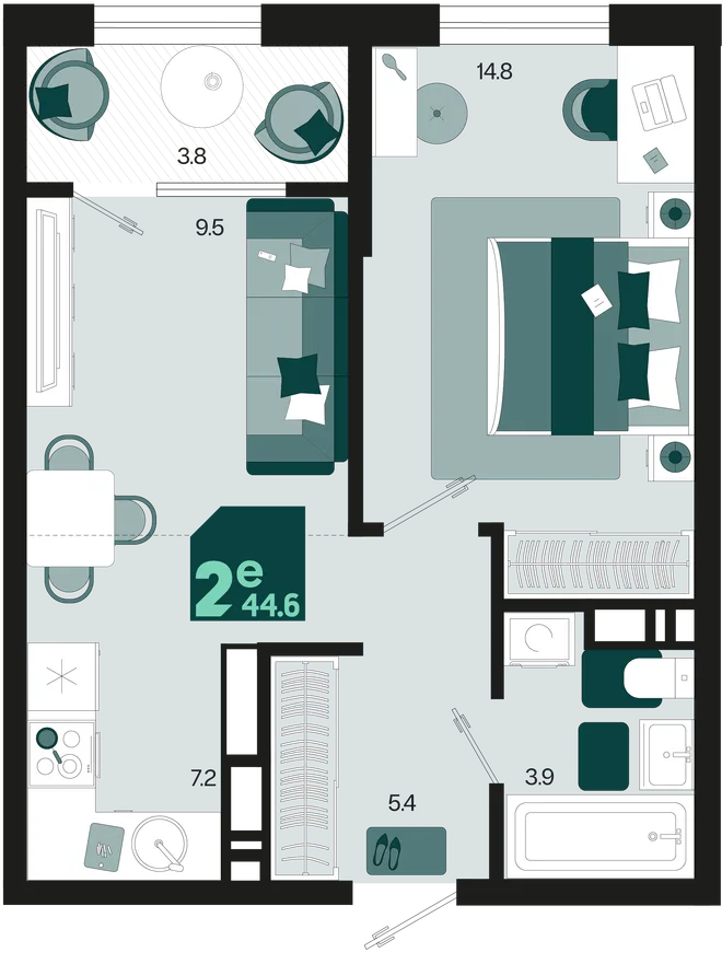 Планировка 2-комн. квартира, 44.6 м² ЖК «Первое место» Планировка 2-комн. квартира, 44.6 м² ЖК «Первое место»