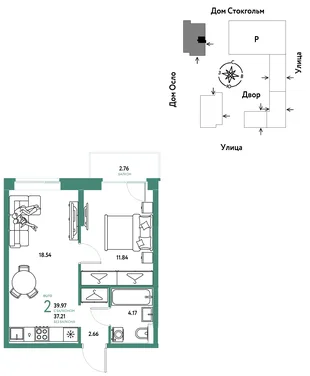 Планировка 2-комн. квартира, 39.97 м² ЖК «Европейский берег 2.0»