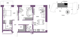 Планировка 3-комн. квартира, 68.32 м² ЖК «Авторский»