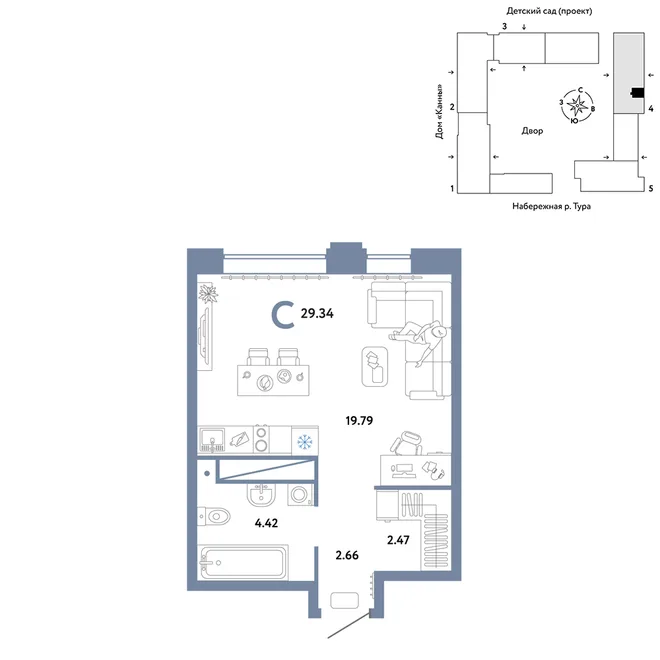 Планировка Студия, 29.34 м² ЖК «Европейский берег 2.0» Планировка Студия, 29.34 м² ЖК «Европейский берег 2.0»