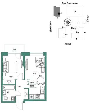 Планировка 2-комн. квартира, 38.81 м² ЖК «Европейский берег 2.0»