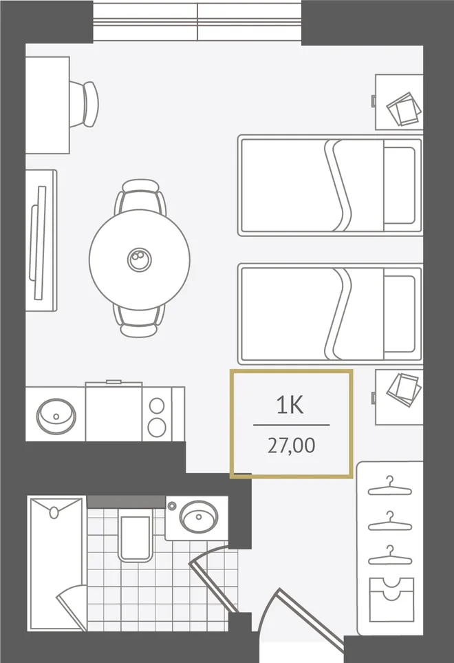 Планировка 1-комн. квартира, 27.2 м² ЖК «Гостиничный комплекс Greenmont»