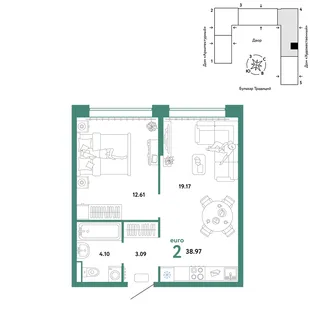 Планировка 2-комн. квартира, 38.97 м² ЖК «Микрорайон Домашний»