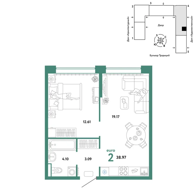 Планировка 2-комн. квартира, 38.97 м² ЖК «Микрорайон Домашний» Планировка 2-комн. квартира, 38.97 м² ЖК «Микрорайон Домашний»