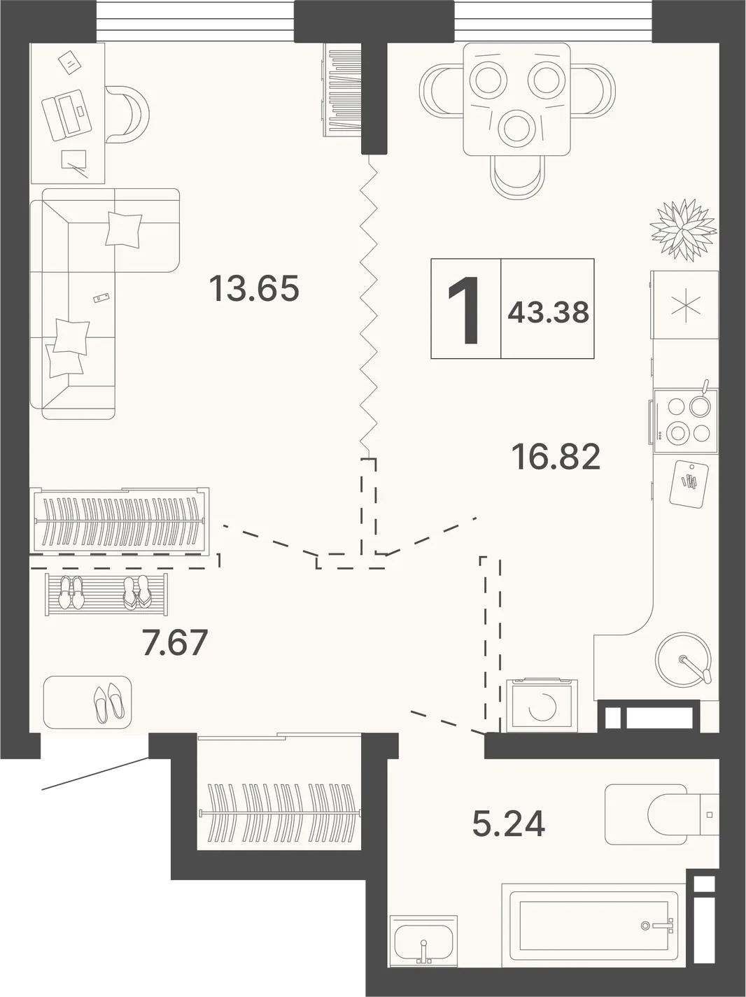 Планировка 1-комн. квартира, 43.38 м² ЖК «Светский лес»