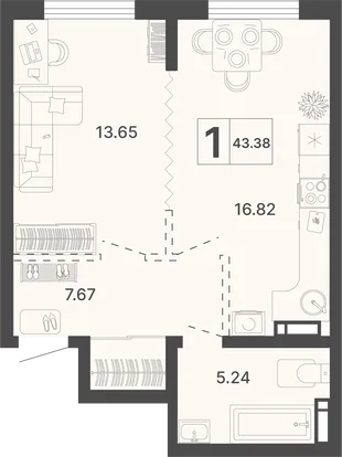 Планировка 1-комн. квартира, 43.38 м² ЖК «Светский лес»