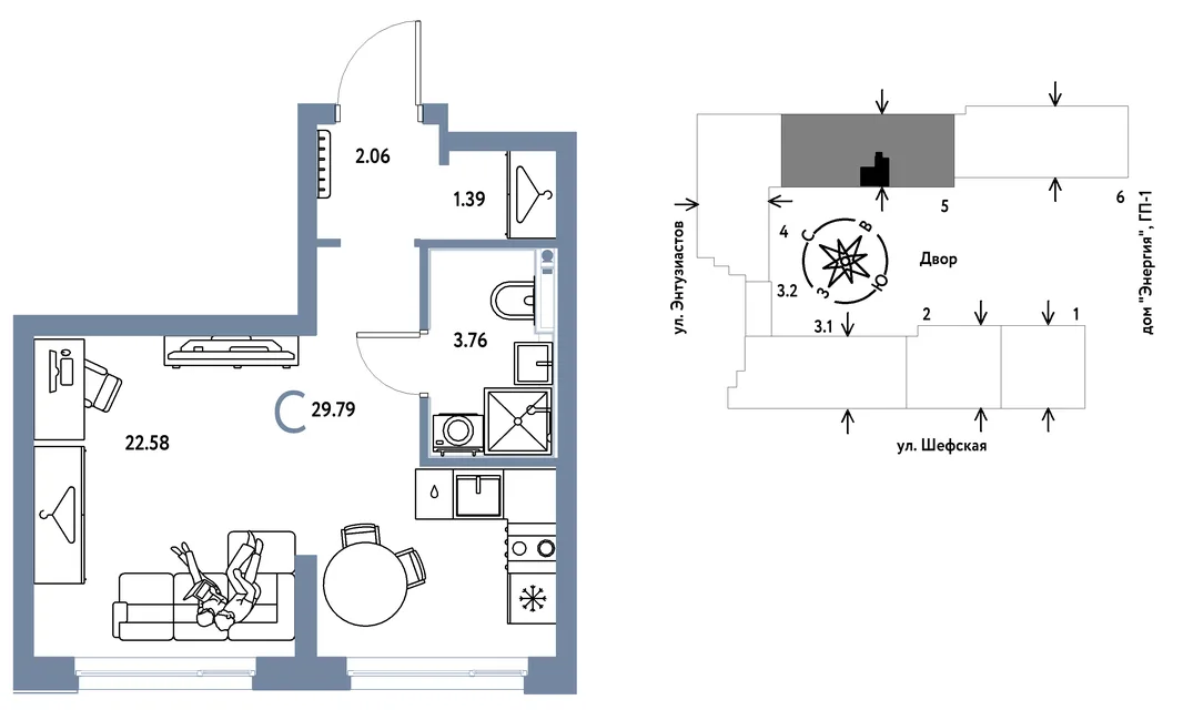 Планировка Студия, 29.79 м² ЖК «Страна.Энтузиастов»