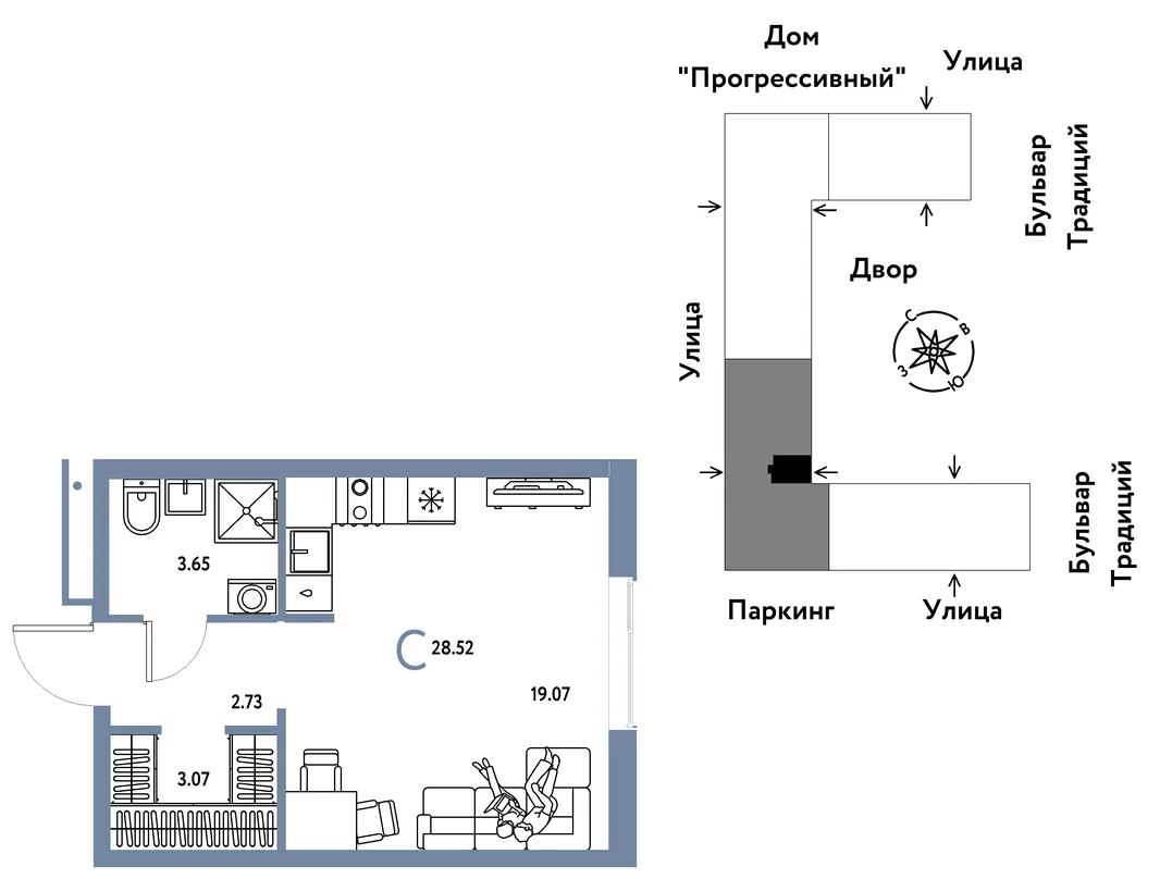 Планировка Студия, 28.52 м² ЖК «Микрорайон Домашний»