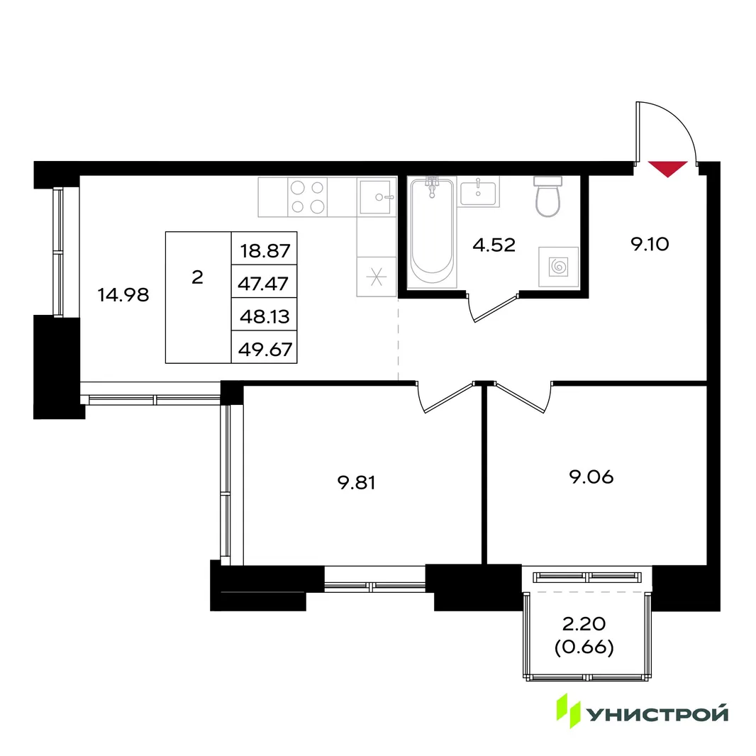 Планировка 2-комн. квартира, 48.13 м² ЖК «Уникум на Энгельса»