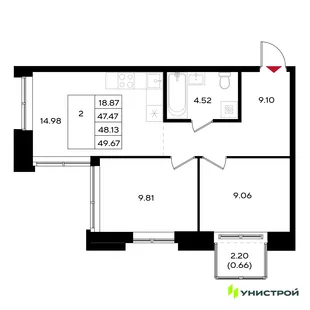 Планировка 2-комн. квартира, 48.13 м² ЖК «Уникум на Энгельса»