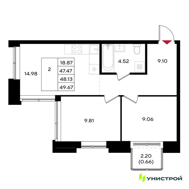 Планировка 2-комн. квартира, 48.13 м² ЖК «Уникум на Энгельса» Планировка 2-комн. квартира, 48.13 м² ЖК «Уникум на Энгельса»