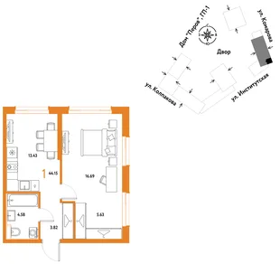 Планировка 1-комн. квартира, 44.15 м² ЖК «Страна.Парковая»