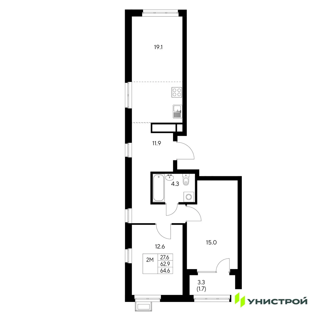 Планировка 2-комн. квартира, 64.6 м² ЖК «Стадиум»