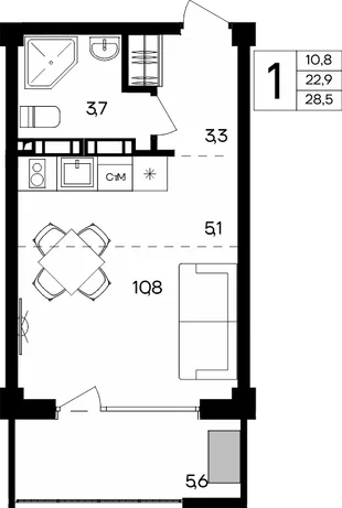 Планировка 1-комн. квартира, 28.5 м² Апарт-комплекс «Альморе»