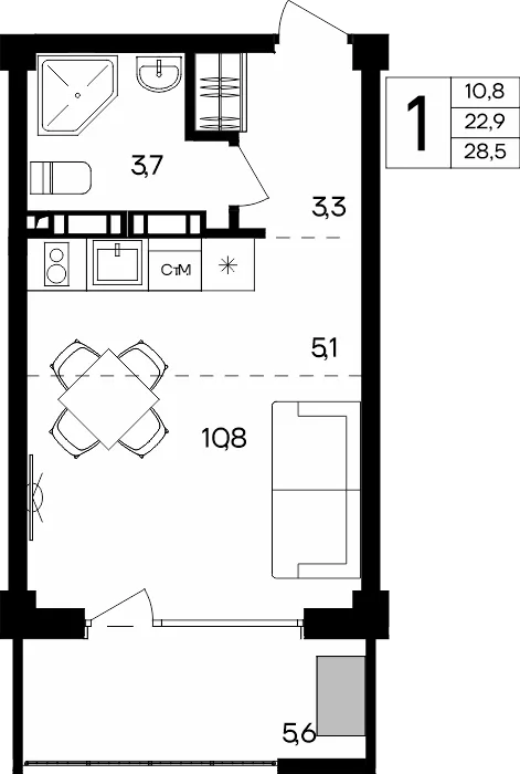 Планировка 1-комн. квартира, 28.5 м² Апарт-комплекс «Альморе» Планировка 1-комн. квартира, 28.5 м² Апарт-комплекс «Альморе»