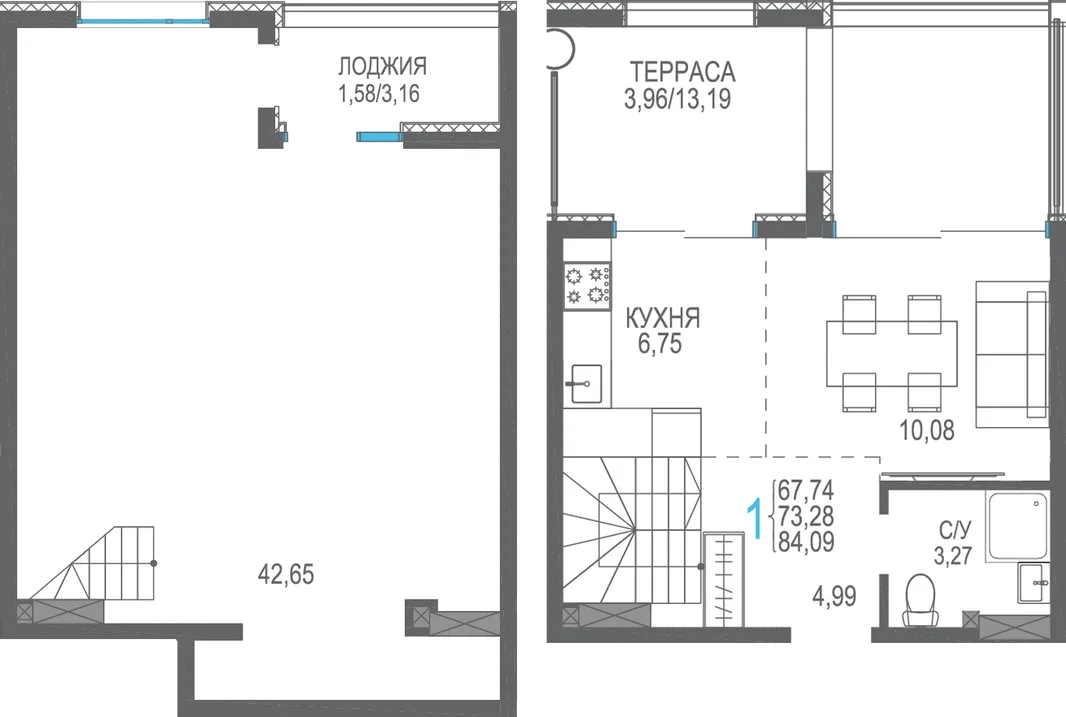 Планировка 1-комн. квартира, 84.09 м² ЖК «Розовое озеро»