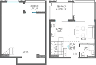 Планировка 1-комн. квартира, 84.09 м² ЖК «Розовое озеро»