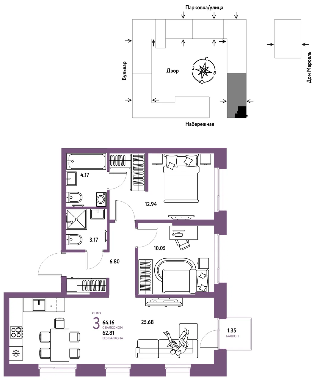 Планировка 3-комн. квартира, 64.16 м² ЖК «Европейский берег 2.0»