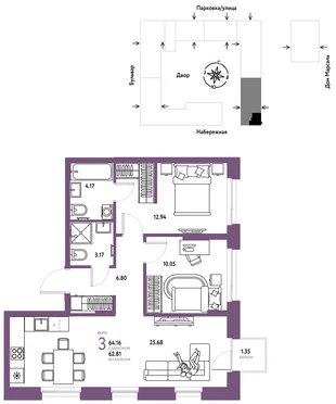 Планировка 3-комн. квартира, 64.16 м² ЖК «Европейский берег 2.0»