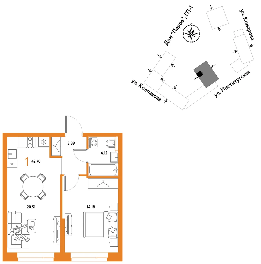 Планировка 1-комн. квартира, 42.7 м² ЖК «Страна.Парковая»