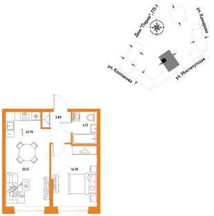 Планировка 1-комн. квартира, 42.7 м² ЖК «Страна.Парковая»