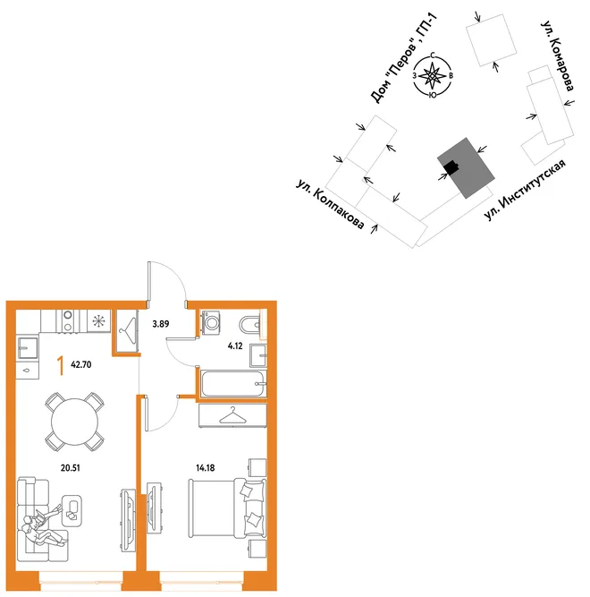 Планировка 1-комн. квартира, 42.7 м² ЖК «Страна.Парковая» Планировка 1-комн. квартира, 42.7 м² ЖК «Страна.Парковая»