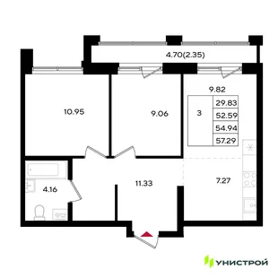 Планировка 3-комн. квартира, 54.89 м² ЖК «Уникум на Энгельса»
