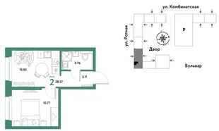Планировка 2-комн. квартира, 28.41 м² ЖК «Уральский сад»