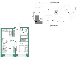 Планировка 2-комн. квартира, 38.03 м² ЖК «Остров-сад»
