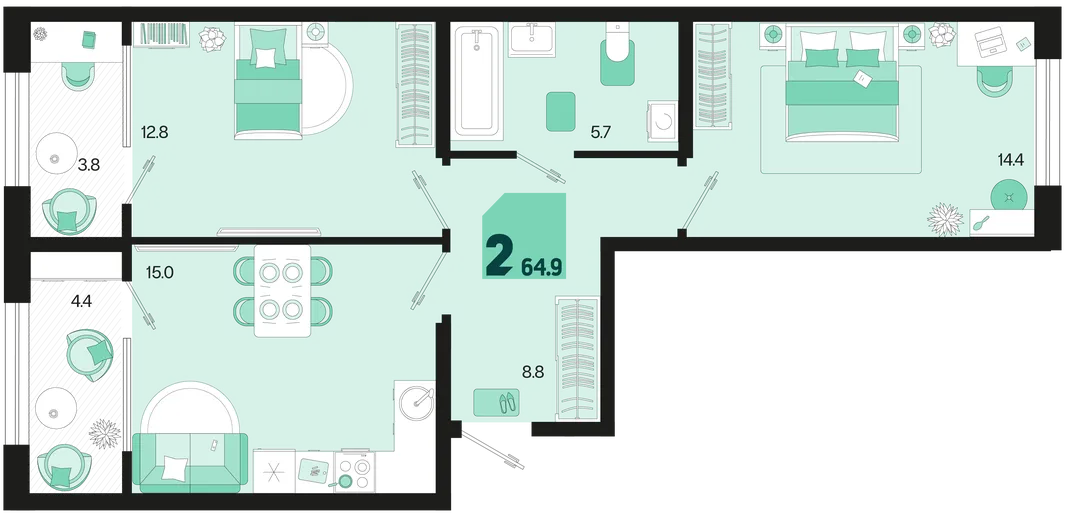 Планировка 2-комн. квартира, 64.9 м² ЖК «Первое место»