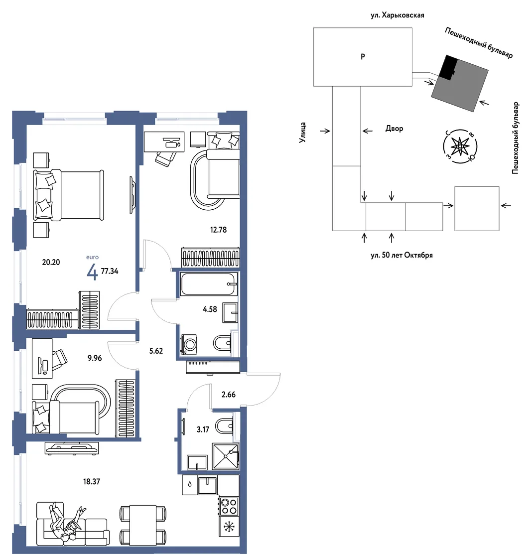 Планировка 4-комн. квартира, 77.34 м² ЖК «Сердце Сибири»