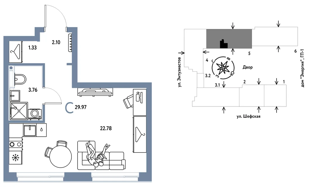 Планировка Студия, 29.97 м² ЖК «Страна.Энтузиастов»