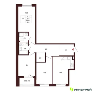 Планировка 3-комн. квартира, 84.6 м² ЖК «Лисино»